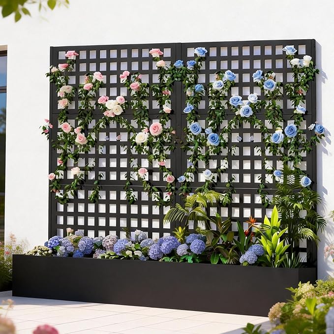 Metal Raised Garden Bed with Trellis Set of 2, Vegetable and Flower Garden Boxes, Black Planter Box with Trellis for Climbing Plants Vegetable Outdoor Indoor, Large 2Pcs Set