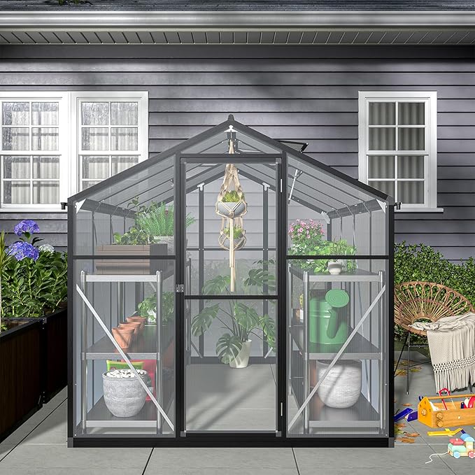 6x8 Ft Greenhouses for Outdoors, UV-Coated Polycarbonate Panels and Aluminium Green Houses for Outside, 2 Roof Vents, Invernaderos para Plantas Exterior, Walk-in Greenhouse Kit for Backyard, Lawn