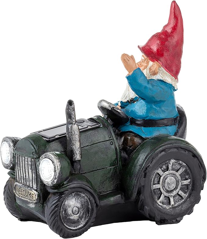Alpine Corporation WQA1378SLR-GN Outdoor Garden Gnome Riding Green Tractor Solar Yard Statue Decoration with LED Lights, 10"