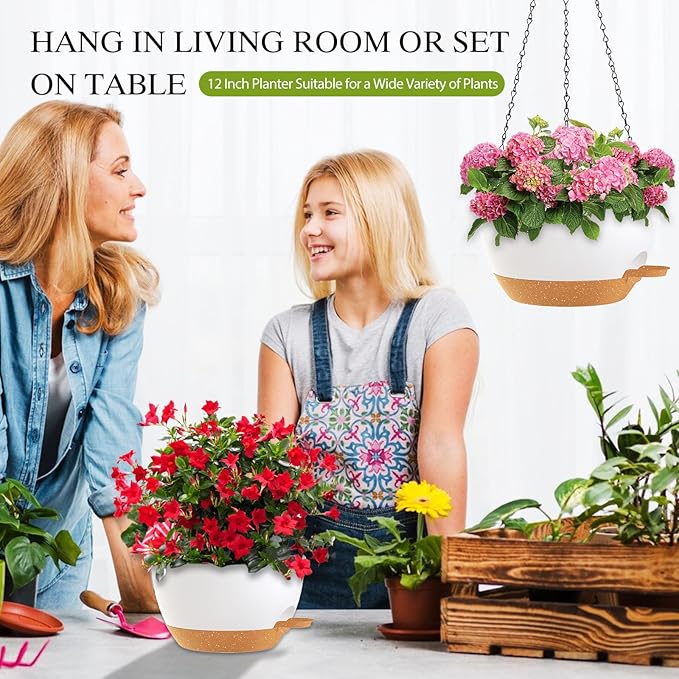 SQKH 12 Inch Hanging Baskets 2 PC with Chains, Self-Watering Hanging Planters for Indoor Outdoor Plants, Plastic Hanging Flower Pots,White Brown
