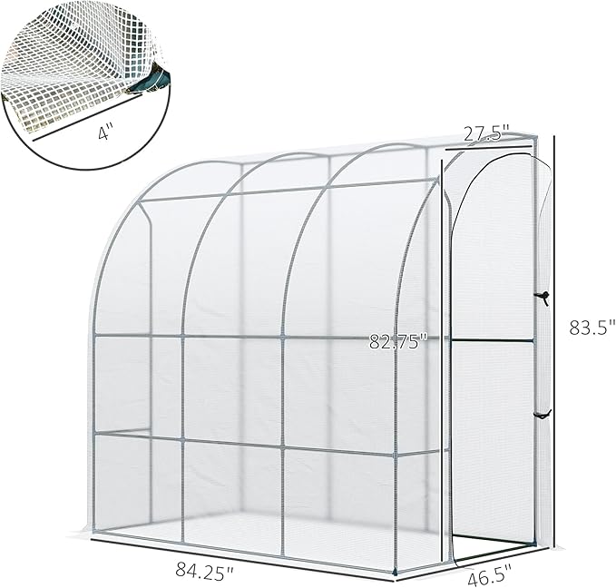Outsunny 7' x 4' x 7' Outdoor Lean to Greenhouse, Walk-in Green House Plant Nursery with Roll-up Window, PE Cover, White