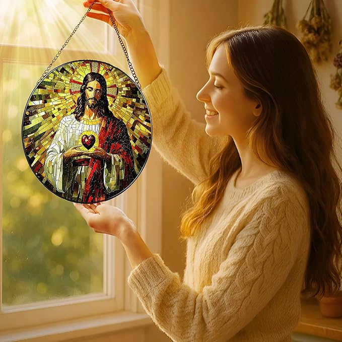 8-Inch Jesus Christian Suncatcher Ornament, Stained Glass Window Hanging & Christian Christmas Ornament, Religious Home Decor — Gift for Christians, Gifts for Christmas & Holidays, Religious Gifts