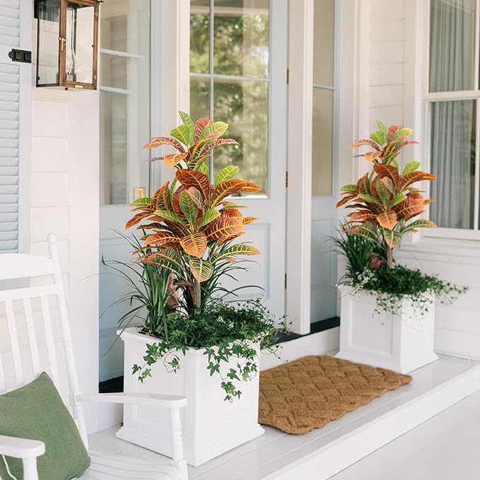35inch Artificial Croton Plant with Ground Spike, 2 Pack Artificial Plants Outdoors Front Porch, Lifelike Faux Fiddle Leaf Fig Tree for Home Garden Yard Decor