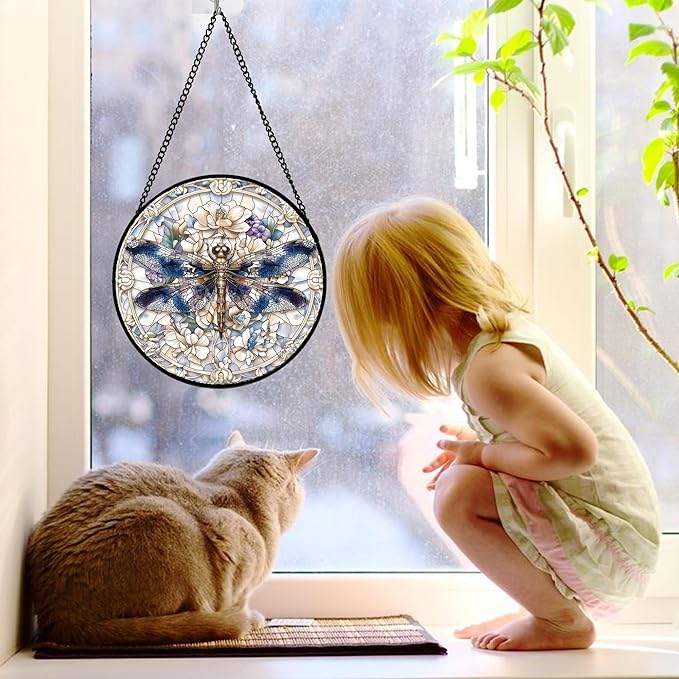 Stained Glass Window Hanging, Dragonfly Flower Suncatcher for Doors Home Sun Catchers Decoration and Christmas, Mother's Day Birthday Gifts for Women, Men, and Mom 6.3 in