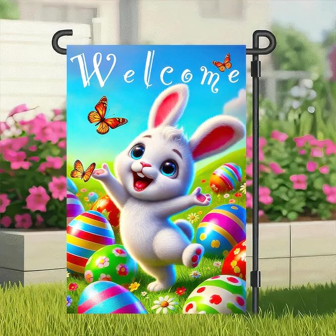 Happy Easter Garden Flag 12x18 Inch Double Sided Welcome Bunny Easter Egg Design Small Outdoor Yard Flag Cute Spring Easter Banner for Porch Lawn Patio Garden Decor