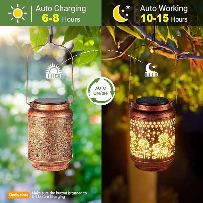 KOOPER Solar Lanterns Outdoor Waterproof Birthday Gifts for Women Mon Grandma, 2 Pack Upgraded Hummingbird Hanging Solar Lantern Lights Outdoor, Metal Outdoor Decoration for Yard, Porch (Sunflower)