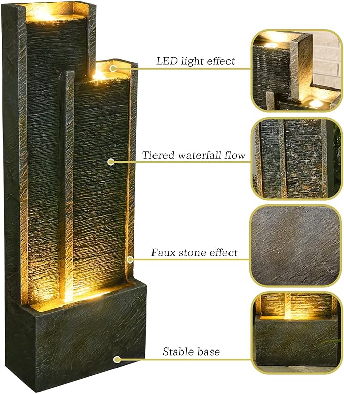 Modern Tiered Waterfall Fountain with Lights – Indoor Rectangular Water Feature - 35.4"H Waterfall Fountains for Deck, Patio, Porch, Garden, Yard Decor Standing Indoor Outdoor Water Fountains