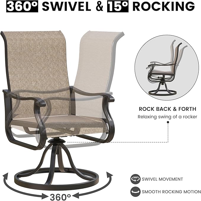 Patio Swivel Chairs Set of 6, Outdoor Dining Chairs with High Back, All-Weather Swivel Rocker Chair for Lawn, Porch or Garden (Brown)