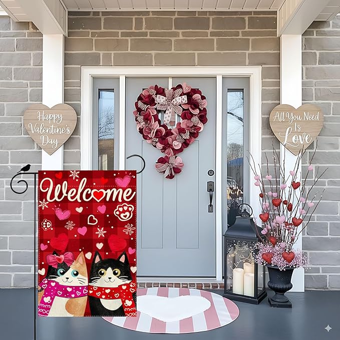Welcome Valentine’s Day Garden Flag Romantic Love Heart Couple Cats Paw Yard Flag 12x18 Inch Double Sided Small Mini Yard Outdoor Outside Holiday Decoration