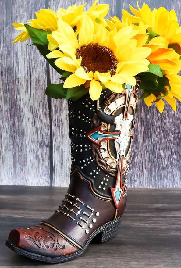 Ebros Gift Rustic Country Western Cow Skull Turquoise Cross and Barbed Wires Faux Tooled Leather Cowboy Boot Decorative Flower Vase Or Planter Figurine