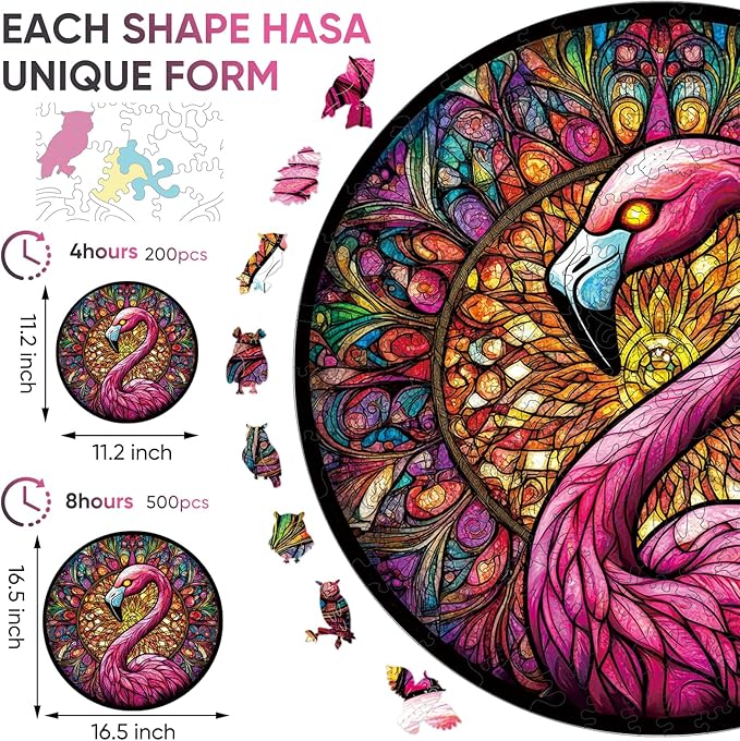 Qiuenisray Wooden Puzzles for Adults 500 Piece, Flamingo Jigsaw Puzzles, FSC Certified Unique Shape Adult Puzzles, Christmas Thanksgiving Gifts for Family Friend 16.5 x 16.5 in