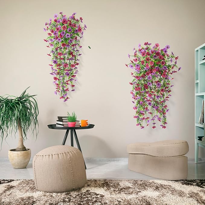 Artificial Hanging Flowers Plants for Outdoor Spring Summer Decoration, 2PCS Faux Silk Daisy UV Resistant Look Real for Outside Home Indoor Planter Porch Garden Yard Decor(Light Purple Red)