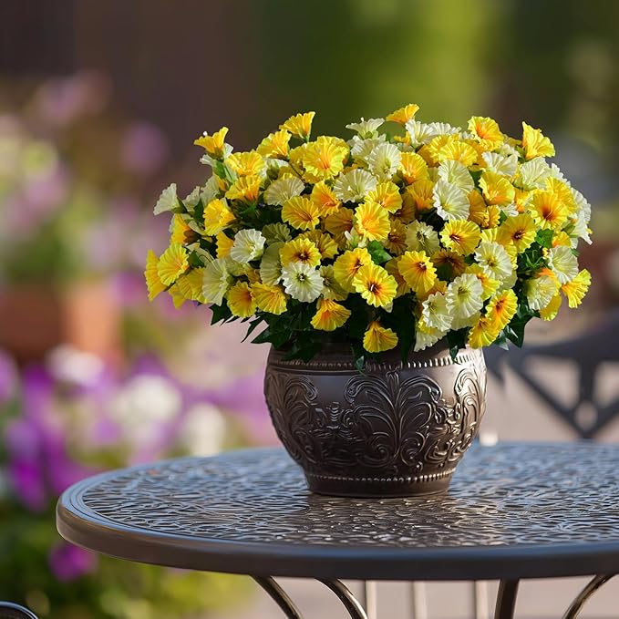 Artificial Morning Glory Flowers Plants for Outdoor 8 Pcs Faux Silk Petunias Flower Realistic Faux Flowers Plants for Outside Planter Porch Yard Patio Balcony Home Indoor Decor (8 Pcs Yellow+White)