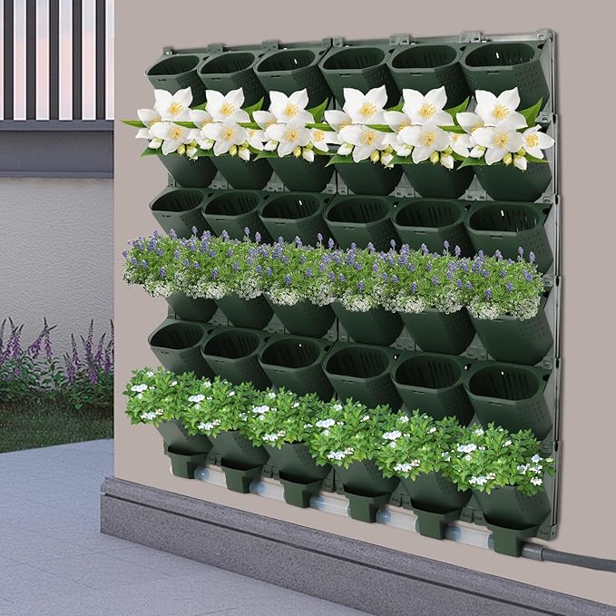 Wall Mounted Vertical Garden Planter, 6 Row 36 Planters Self Watering Garden Growing System with Timer, Indoor Outdoor Flower Pot Holder for Herbs Vegetables Fruits (Dark Green)