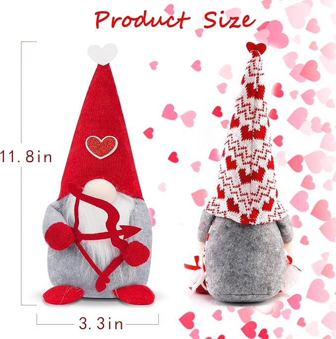 Valentine Day Decorations, 2 Pack Handmade Scandinavian Tomte Gnomes, Valentines Gnome Doll Tiered Tray Decorations, Plush Love Crafts Decor, Romantic Sweet Doll for Him Her Friends
