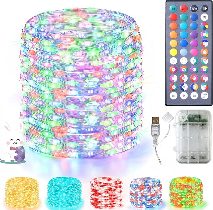 Lovelite Fairy Lights Battery Operated USB Plug in, 34 Colors Changing 33ft 100LED Easter String Lights with Remote, Waterproof Twinkle Lights for Bedroom Indoor Outdoor Party Valentine Decor