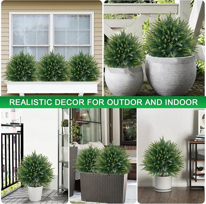 EverNature 2 Pack Artificial Cedar Topiary Trees with Ground Spike, Fake Pine Shrubs Bushes, UV Resistant Faux Evergreen Cypress Tree Plants for Indoor Outdoor Planters Front Porch