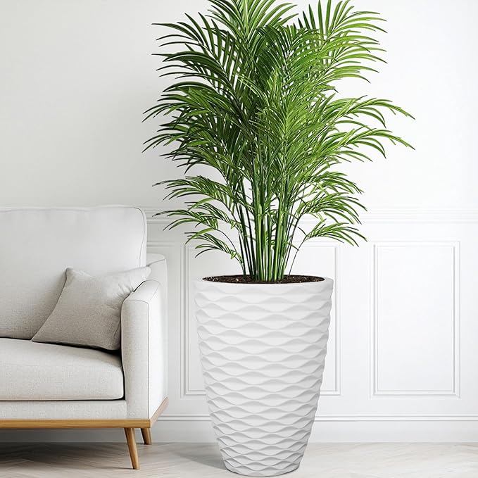 Ultym 19" H Coastal Planter for Indoor/Outdoor Plants, Set of 2 Large Flower Pot with Drainage Hole, Weather/UV Resistant Resin Planters for Garden Patio Porch Home Office Decor, Matte White Wavy