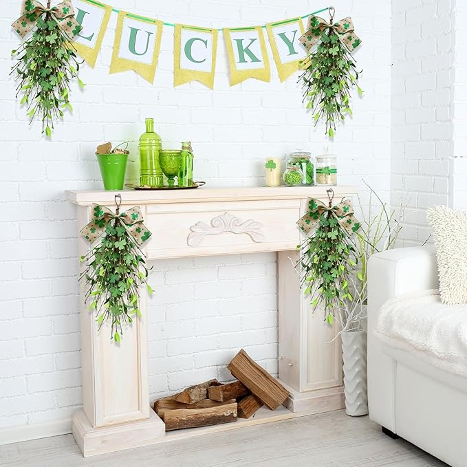 2 PCS St.Patrick's Day Swag Wreath for Front Door Artificial Shamrock Teardrop Swags Wreath Lucky Irish Kitchen Cabinet Wreaths for Home Indoor Outdoor Porch Wall Window Fireplace Mantel Decoration