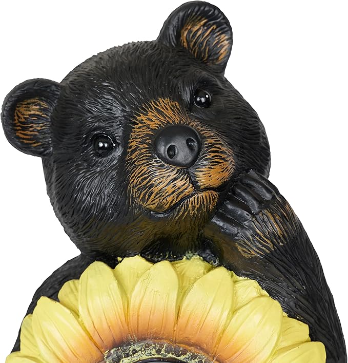 Alpine Corporation 16" H Outdoor Solar Powered Bear Statues with Sunflower LED Light, Brown/Yellow