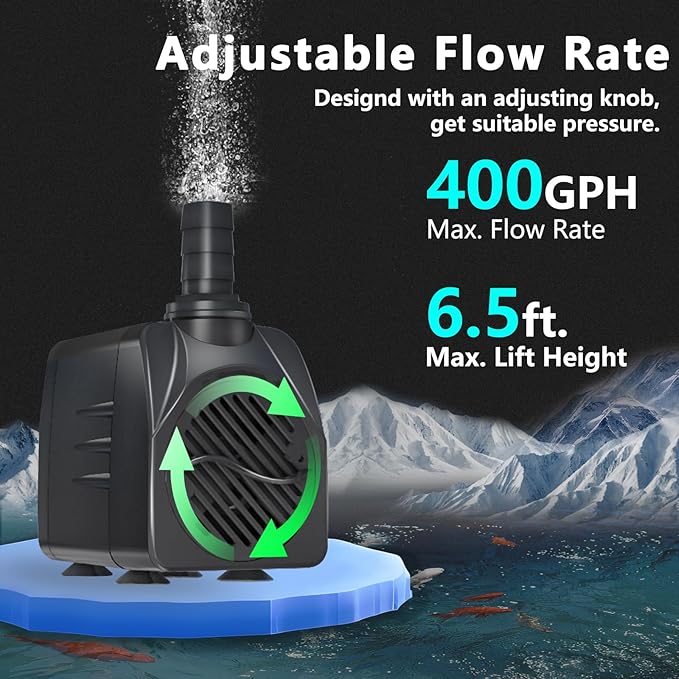 400GPH Auto-Shut-OFF Submersible Pond Pump (1500L/H 25W) Ultra Quiet Fountain Water Pump with 6.5ft High Lift, 3 Nozzles for Aquarium, Fish Tank, Pond, Hydroponics, Statuary,Water Feature.