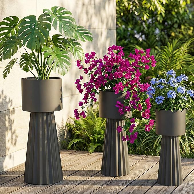 Wennzy Tall Round Flower Pots, Set of 3 Metal Planters for Indoor Outdoor Plants, Large Planter Pot, Planters for Garden Front Porch Patio, 22.83", 26.77", 29.72" H, Dark Gray