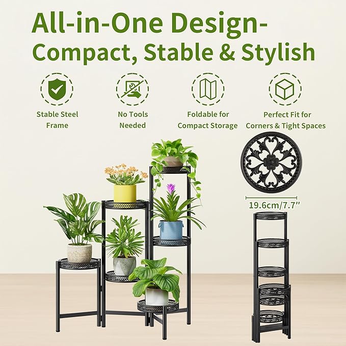 NQW 6 Tier Metal Plant Stand Indoor Outdoor, Corner Tall Plant Shelf for Multiple Plants, Foldable Heavy Duty Plant Holder, Decoration Flower Stand for Living Room Balcony Patio Garden- BlackWave