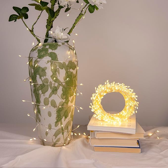 Fairy Lights Plug in, 33FT 300LED Firecracker String Lights Waterproof Silver Wire, for Bedroom/DIY/Party/Garden/Porch/Patio/Backyard/Christmas Tree, with Remote Timer & 8 Modes, Warm White