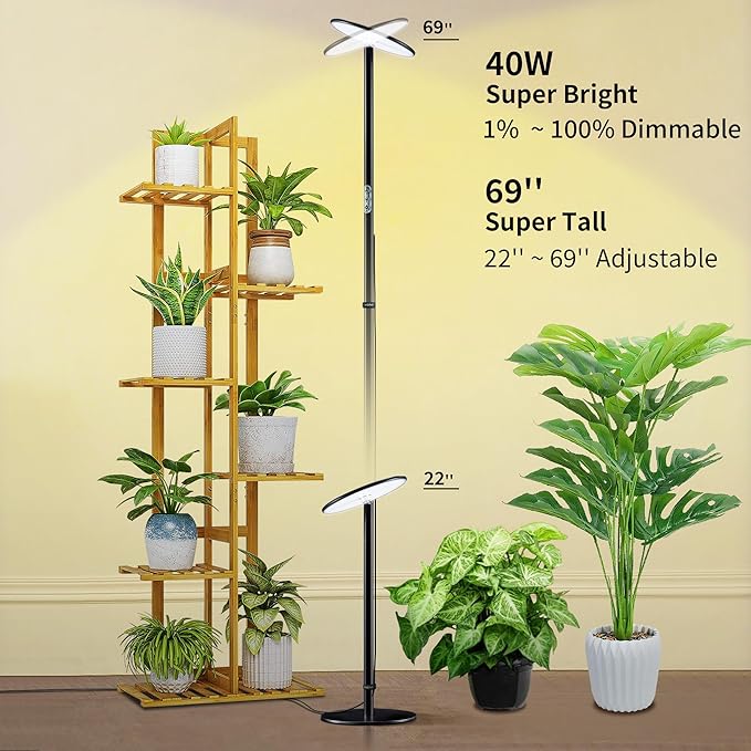 chiphy Grow Lights, Full Spectrum Plant Light for Indoor Plants, 40W, 10 Dimmable Brightness, 69" Heights Adjustable, Compatible with Smart Plug, Ideal for Large Tall Plants