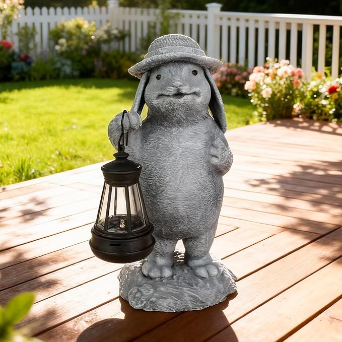 Solar Rabbit Garden Statue with Hanging Lantern - Funny Outdoor Bunny Figurine Easter Decor- Waterproof Resin Sculpture for Yard, Patio, Pathway - Unique Housewarming Gift for Women, Mom & Grandma