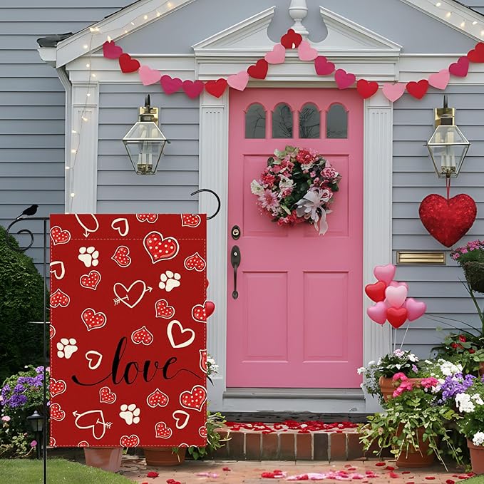 Red Love Heart Dog Paw Print Valentine’s Day Garden Flag Yard Flag 12x18 Inch Double Sided Small Mini Yard Outdoor Outside Holiday Decoration