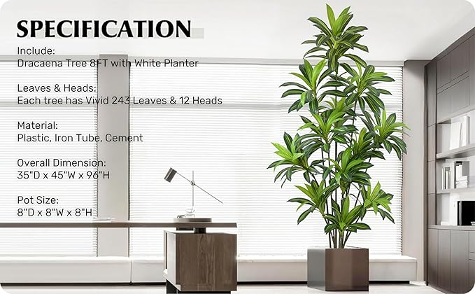 Roselywed Artificial Dracaena Tree 8FT with 243 Leaves & 12 Heads & White Pot Tall Large Fake Faux Tropical Silk Yucca Plant 96 Inch Glossy Thick Leaves for Indoor Home Office Porch Mall School Decor