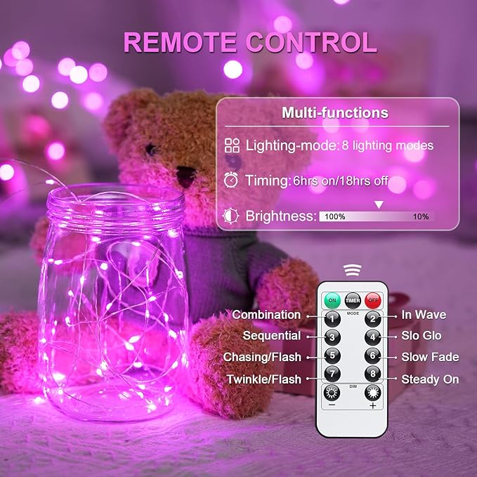 JMEXSUSS 2 Pack Pink Fairy Lights Battery Operated, Total 66ft 200 LED Twinkle String Lights with Remote, 8 Modes Valentine Lights for Bedroom Christmas Tree Anniversary Indoor Valentine's Day Decor
