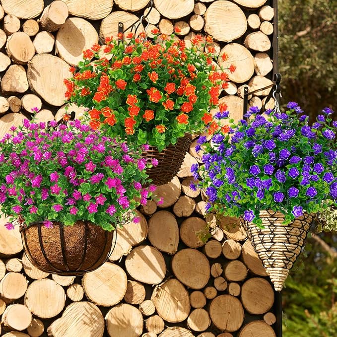 ArtBloom 12 Bundles Outdoor Artificial Flowers UV Resistant Fake Boxwood Plants, Faux Greenery for Indoor Outside Hanging Plants Garden Porch Window Box Home Wedding Farmhouse Décor (Orange Red)