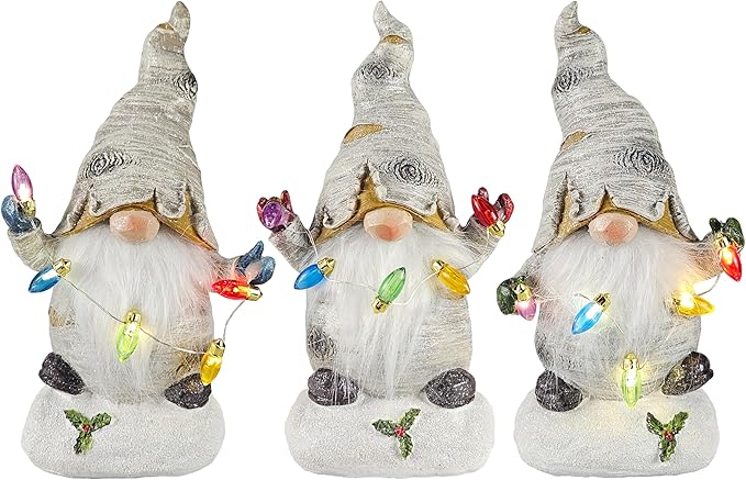 Light‑Up Christmas Santa Gnome | Resin Holiday Tabletop Figurine with Illumination | Woodland Cottage Home Decor | Versatile for Holiday Season & Xmas | 9 inches tall - Receive 1 of 3 Assorted Styles