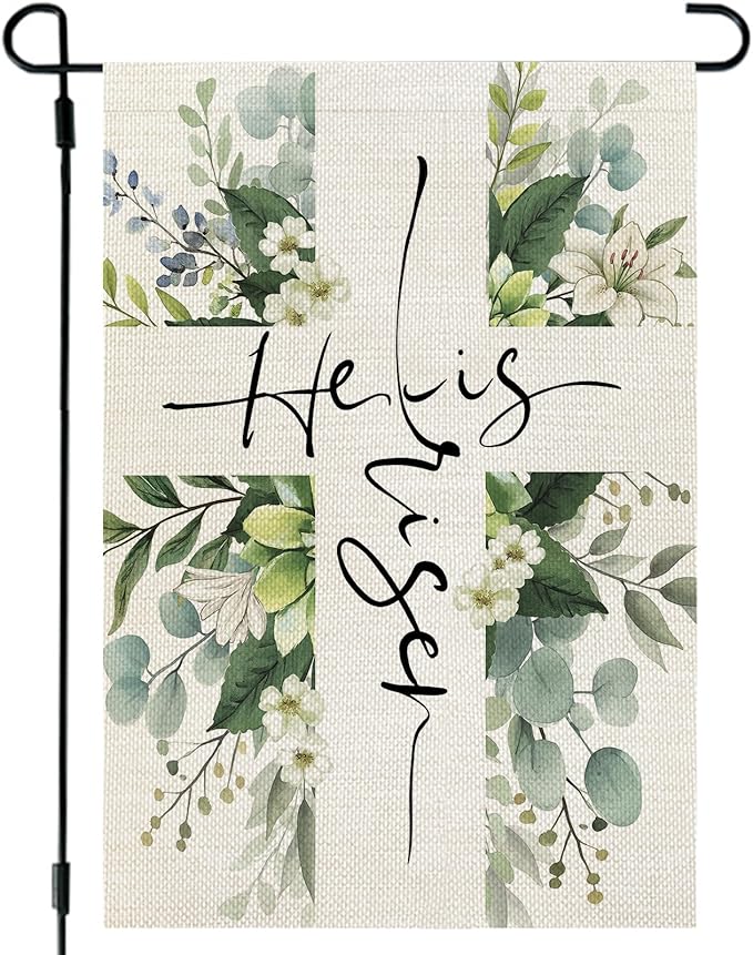 CROWNED BEAUTY Easter Garden Flag He is Risen 12x18 Inch Double Sided Floral Cross Holiday Decoration for Outdoor Lawn Yard