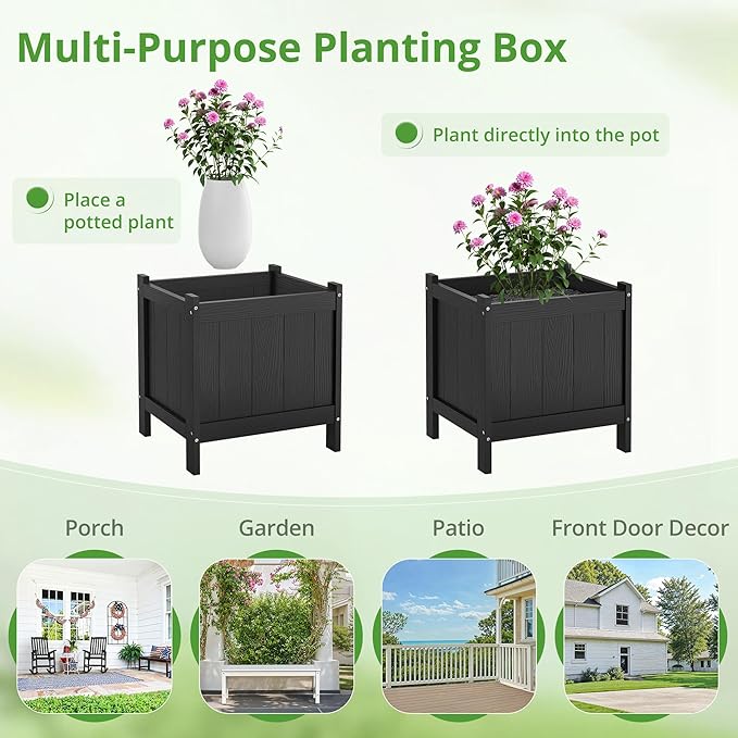 LUE BONA Outdoor Plant Pots Set of 2, 13.7" x 12.5" x 14.5" Flower Pots with Drainage Holes, Outdoor Planter Box for Outdoor Plants - Porch Patio, Garden or Entryway, Black