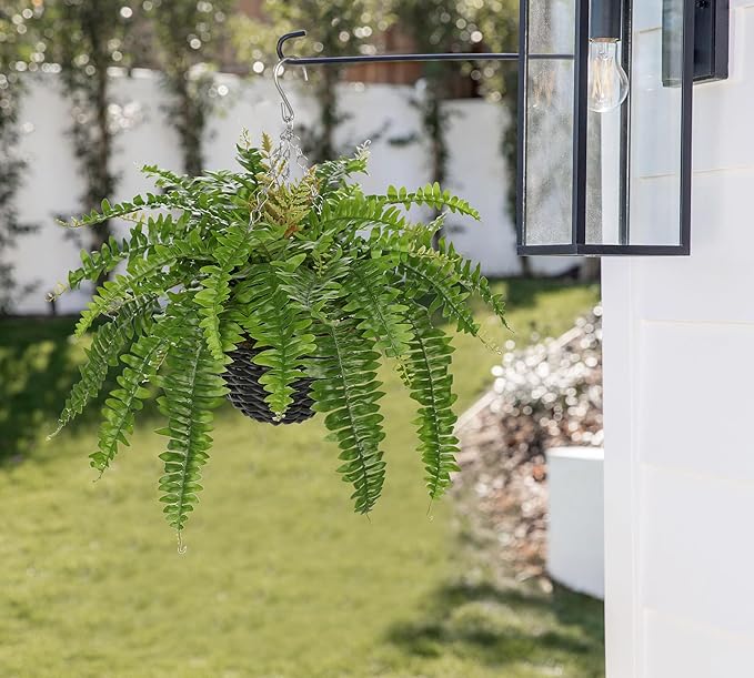 Hollyone 21" Artificial Boston Fern Hanging Basket 31 Leaves Fake Ferns in Rattan Pot Medium Greenery Plants for Outdoors & Indoor Faux Fern Bush Basket Plant Patio Garden Home Decor Green