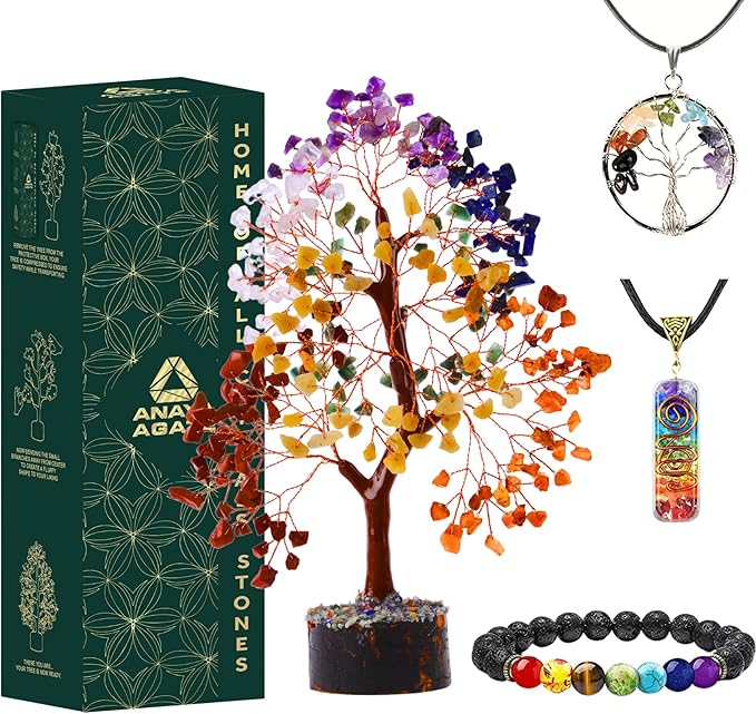 ANAYA AGATE 7 Chakra Crystal Tree of Life with Healing Necklace, and Chakra Bracelet - Gemstone Money Bonsai Trees for Women, Crystals and Healing Stones, Tree for Home, Office, Living Room Decor