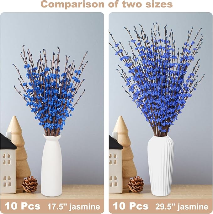 10Pcs 17.5'' Blue Long Stem Artificial Jasmine Flowers for Decorations Jasmine Fake Flowers Faux DIY Floral Art Plants Pussy Willow Branches for Wedding Bouquets Home Office Party Decor