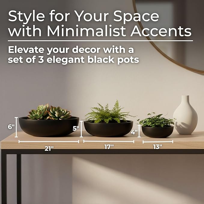 Set of 3 Decorative Resin Planter Pots – Minimalist Sleek Finish Design – Indoor Outdoor Plant Holders – Contemporary Modern Pot Set for Living Room, Entryway, Patio or Garden – 6", 5", 4", Black
