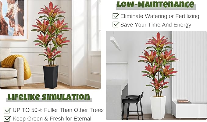 Roselywed Artificial Red Dracaena Tree 6FT with 114 Leaves & 7 Heads & White Tall Planter Cover with Coconut Fiber Tall Faux Tropical Silk Bicolor Plant 72 Inch for Indoor Home Office Porch Mall Decor