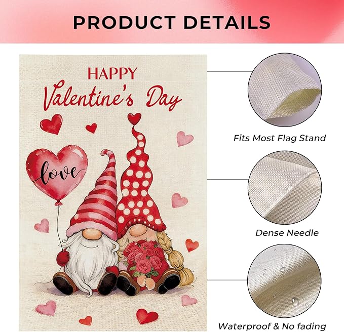 pretty_jessie Valentines Day Garden Flag 12x18 Inch Double Sided, Happy Valentine's Day Love Hearts Gnomes Burlap Yard Flag Anniversary Patio, Porch, Backyard Outdoor Decorations
