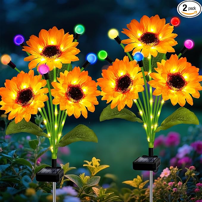 Solar Garden Lights-2 Pack Solar Sunflowers with Multicolor Changing Swaying Firefly Lights,Christmas Birthday Gifts for Mom Women,Waterproof Firefly Sunflower Light for Outdoor Patio Yard Decor