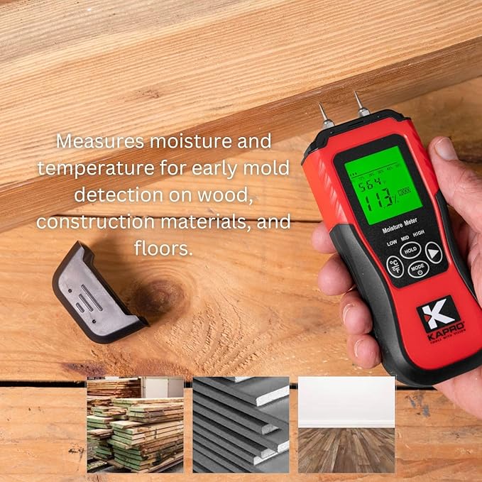 Kapro - 379 Moisture Meter with Temperature Detection - Measures Wood Moisture and Temperature in Fahrenheit and Celsius - Features 8 Calibration Scales - Back-Lit Display & Auto-Power Shut Off