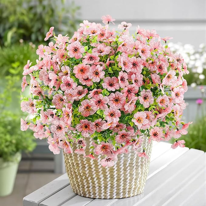 ATTGREAT Artificial Flowers Outdoor Faux Plants UV Resistant Fake Patio Flowers Plastic Greenery Plnats Outside Bulk for Spring Garden Hanging Planter Home Vase Decor, 12 Bundles (Pink)