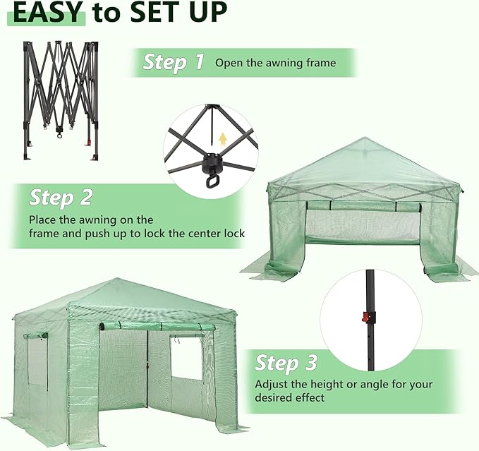 GDY 10X10FT Instant Pop-up Greenhouse, Walk-in Plant Gardening Green House with PE Cover/Roll-Up Zipper Doors/Side Windows for Indoor, Backyard and Outside, Green/Clear.