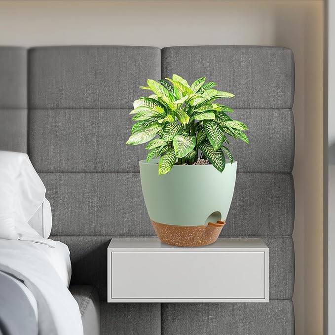 WSMKSZ 12 inch Large Self Watering Pots, Flower Plant Pots with Drainage Holes for Indoor Outdoor Garden Plants, Plastic Planters with Removable Deep Reservoir, Green with Brown