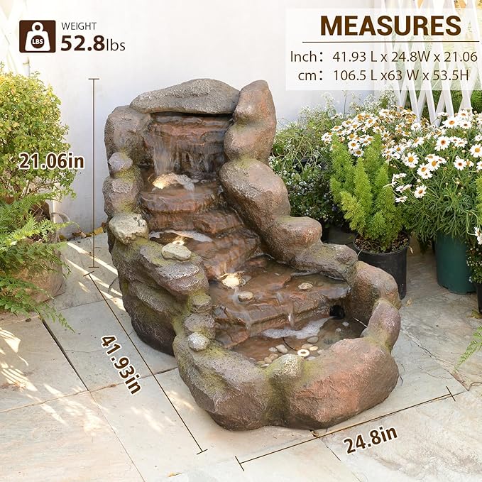 42" L Outdoor Water Fountain with 3 Tiers Cascading Realistic Tree Trunk Waterfall Fountains with LED Lights Outdoor Water Fountain for Garden Patio Backyard Porch Home Decor