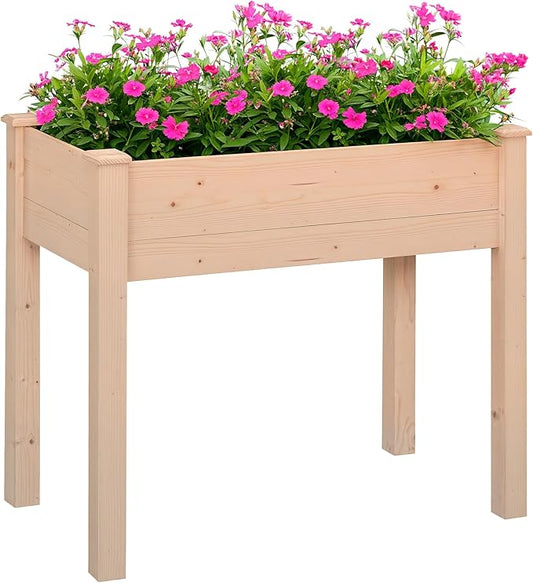 Outsunny Raised Garden Bed with Legs, 34" x 18" x 30", Elevated Wooden Planter Box, Self-Draining with Bed Liner for Vegetables, Herbs, and Flowers Backyard, Patio, Balcony Use, Natural